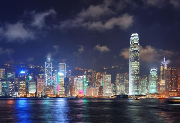 Hong Kong skyline at night with clouds over Victoria Harbour.