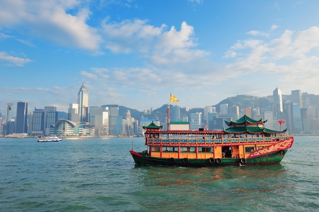ボートのある香港のスカイライン