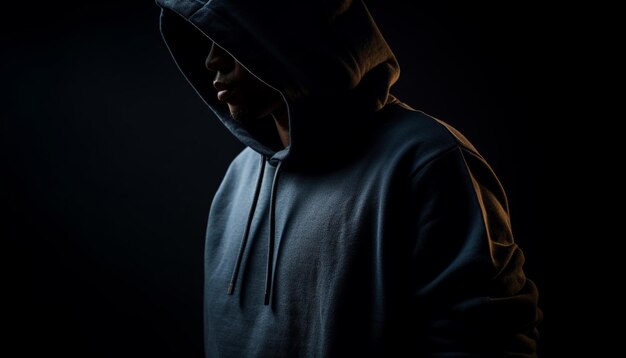 Hooded burglar exercising danger in black solitude generated by AI