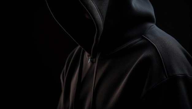Бесплатное фото Грабитель в капюшоне прячется в темных тенях, созданных ии