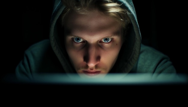 Hooded computer hacker stares at monitor in darkness generated by AI