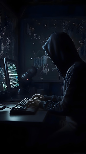 Бесплатное фото Компьютерный хакер с капюшоном крадет данные из темной комнаты ночью.