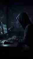 Free photo hooded computer hacker stealing data from a dark room at night