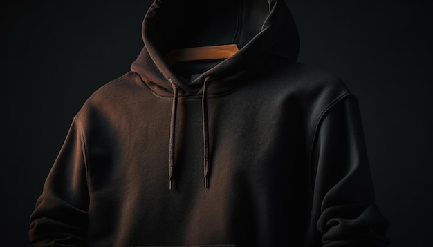 Hooded garment on fashion model black background generated by AI