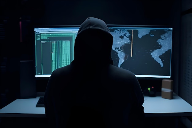 Free photo hooded hacker in front of a computer monitor with a map