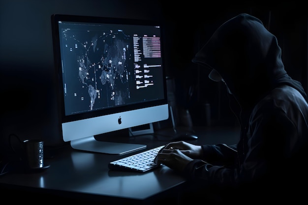 Foto gratuita un hacker incappucciato che ruba dati da un computer in una stanza buia
