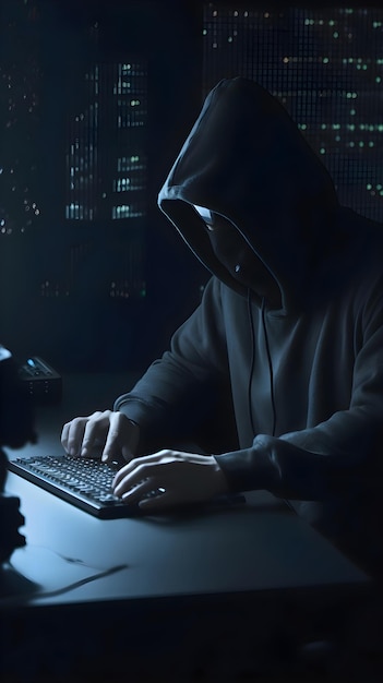 Free photo hooded hacker stealing data from a computer with a dark background