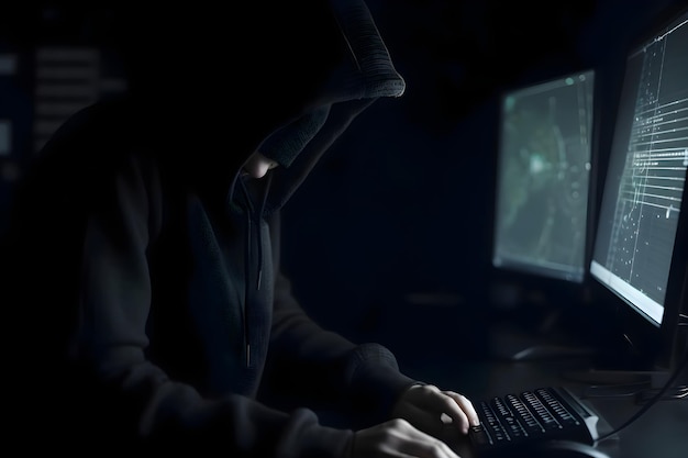 Un hacker incappucciato che ruba dati da un computer personale di notte