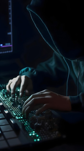 Foto gratuita un hacker incappucciato che ruba dati da un computer personale di notte