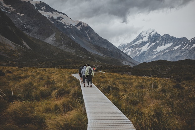 In Hooker Valley Track with a view of Mount Cook in New Zealand