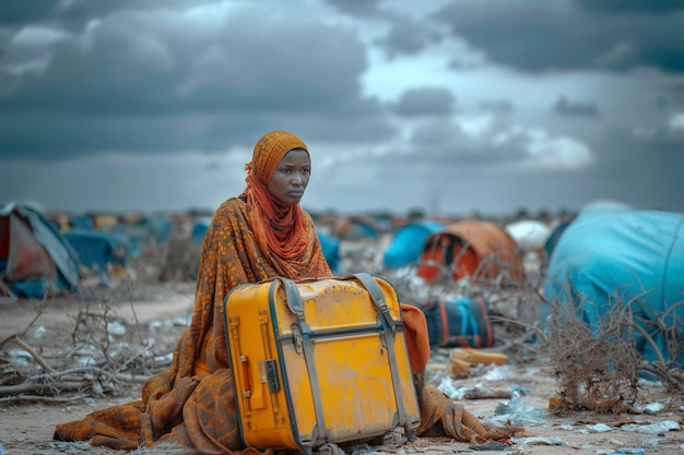 Free photo hopeless refugee in refugee camp