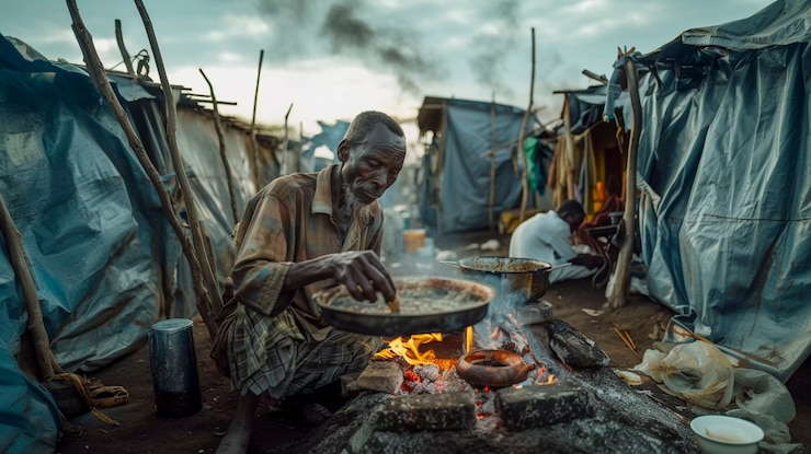 Free Photo hopeless refugee in refugee camp