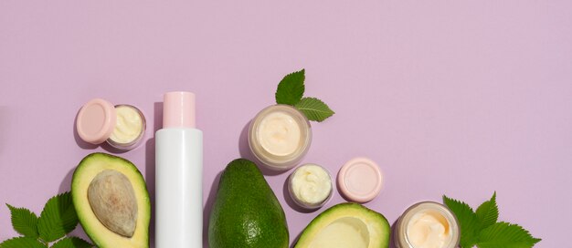 Horizontal banner for cosmetic products with avocado