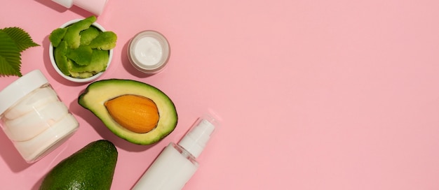 Horizontal banner for cosmetic products with avocado