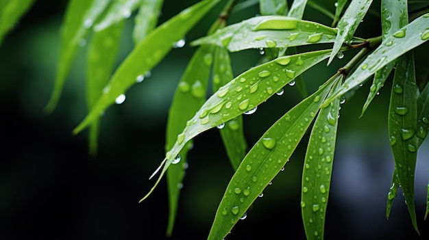 雨 の 滴 で 飾ら れ た 竹 の 枝 を 描い て いる 水平 の 旗