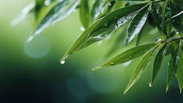 Free photo horizontal banner featuring bamboo branches adorned with raindrops