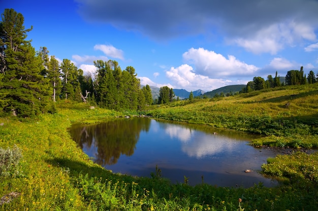 horizontal landscape with mountains lake