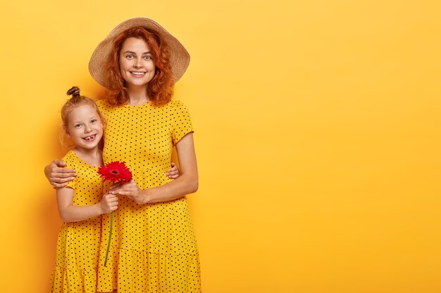 Горизонтальный снимок красивых рыжих матери и дочери, позирующих в одинаковых платьях