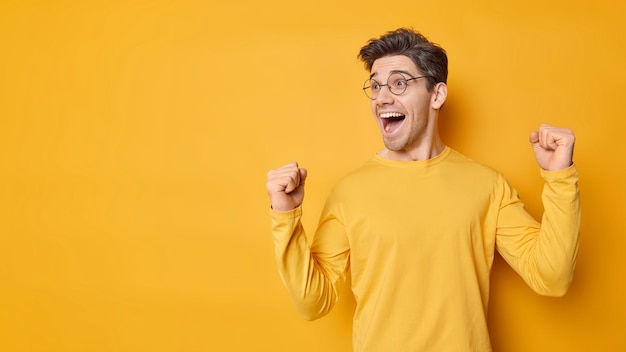 Horizontal shot of happy lucky man makes fist bump celebrates personal achievements exclaims from joy wears eyeglasses and casual jumper isolated over yellow background blank copy space for text