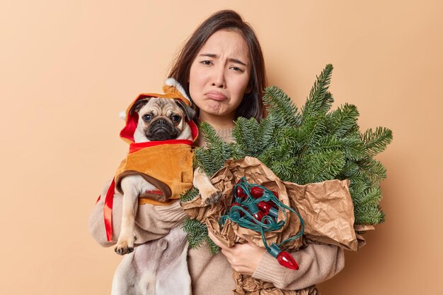 Horizontal shot of upset Asian woman looks sadly at camera purses lips carries pug dog in winter clothes bouquet made of spruce branches and retro garland has bad mood poses against beige wall