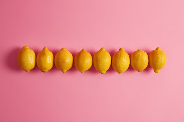 분홍색 배경에 대해 한 행에 정렬 된 노란색 전체 레몬의 가로 샷. 감귤류 과일 비타민 C와 엽산의 좋은 공급원. 건강한 물, 레모네이드 또는 장식 식품을 만들기위한 재료