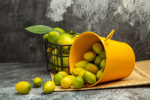 Horizontal view of black basket with fresh green tangerines and fallen bucket with kumquats on newspapers on gray table