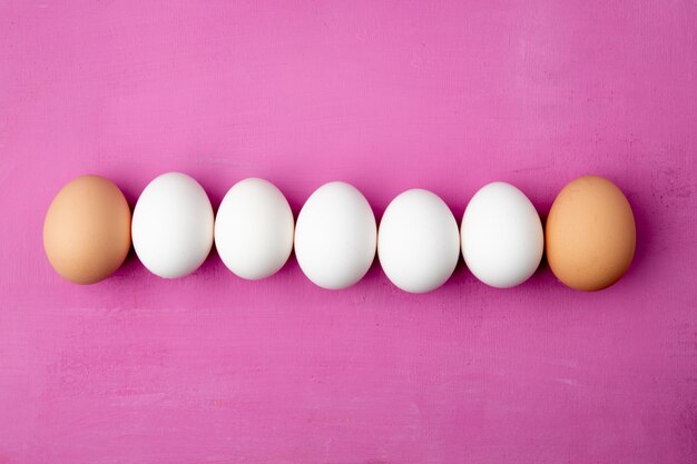 Horizontal view of eggs on purple background with copy space