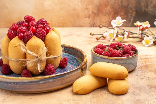 Горизонтальный вид свежеиспеченного мягкого торта с фруктами и цветами печенья на столе смешанных цветов