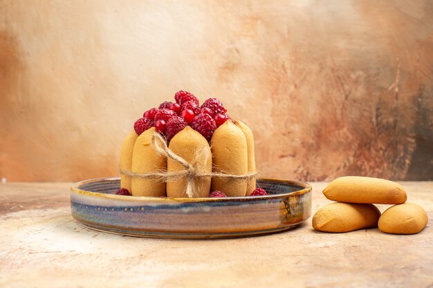 혼합 색상 테이블에 과일과 비스킷과 함께 갓 구운 부드러운 케이크의 가로보기
