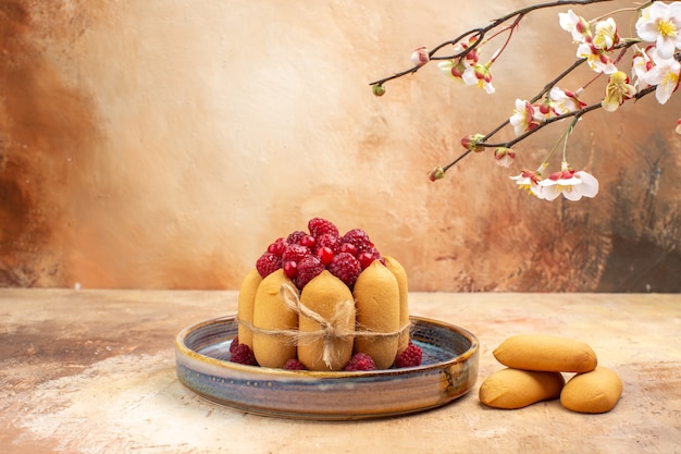 Horizontal view of freshly baked soft cake with fruits and biscuits on mixed color table 
