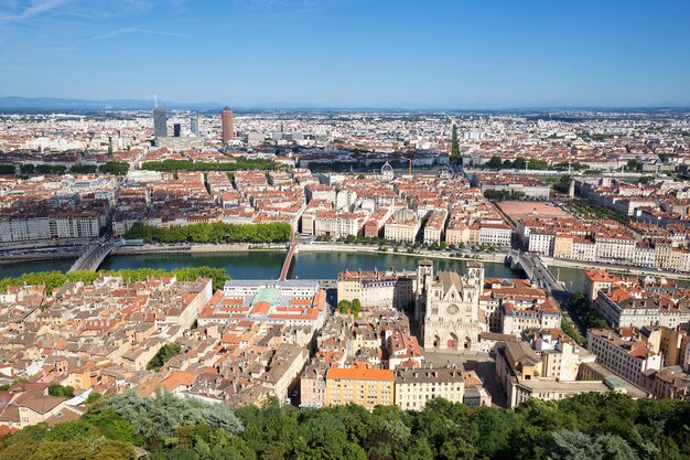 Horizontal view of Lyon from the top of Notre Dame de Fourviere