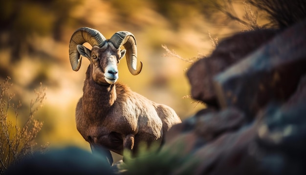 Horned bighorn sheep grazing on mountain meadow generated by AI