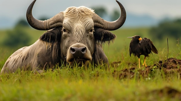 Il bufalo cornuto fissa un uccello nell'erba