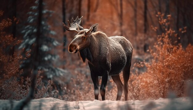 Бесплатное фото Рогатый лось пасется на заснеженном лесном лугу с генеративным ии