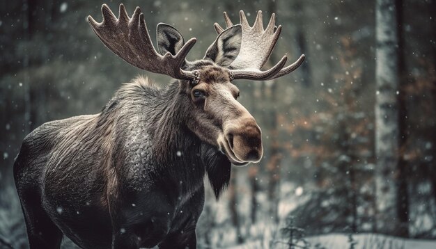 Рогатый лось в зимнем лесу покрывает снегом спокойствие, созданное ИИ