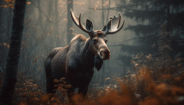 Free photo horned stag grazes in tranquil autumn meadow generative ai