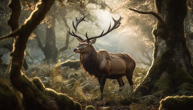 Horned stag standing in tranquil autumn meadow generated by AI