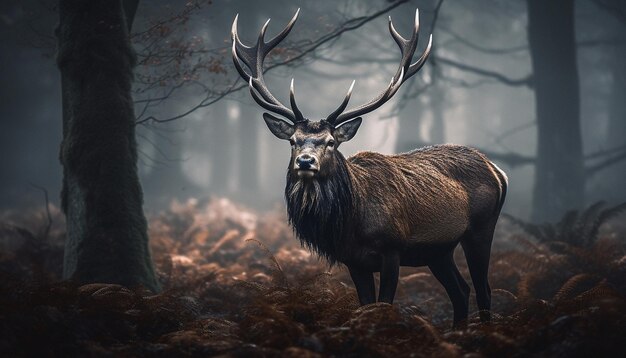 Horned stag in winter forest tranquil beauty generated by AI