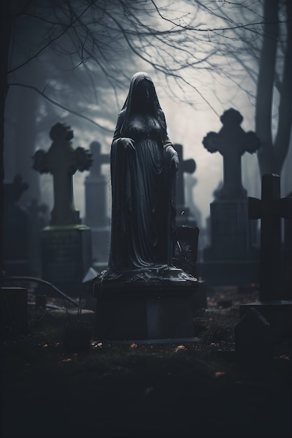Scena d'orrore con un cimitero inquietante
