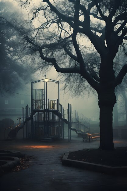 Horror scene with eerie playground