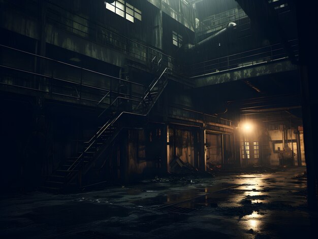 Horror scene with eerie warehouse