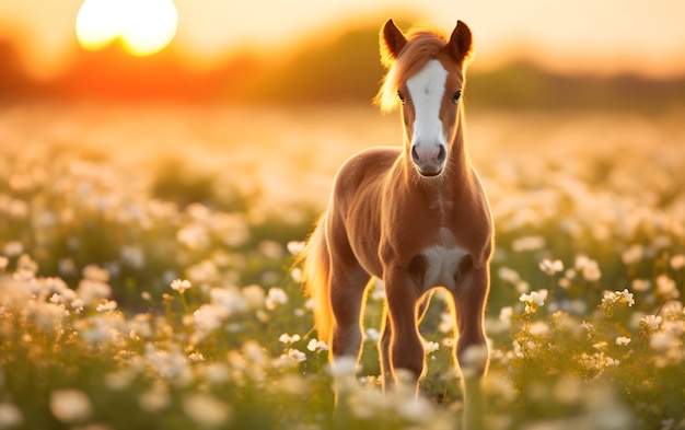 Free photo horse in flowery  pasture