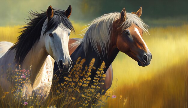 Horse grazes in idyllic meadow at sunset generative AI