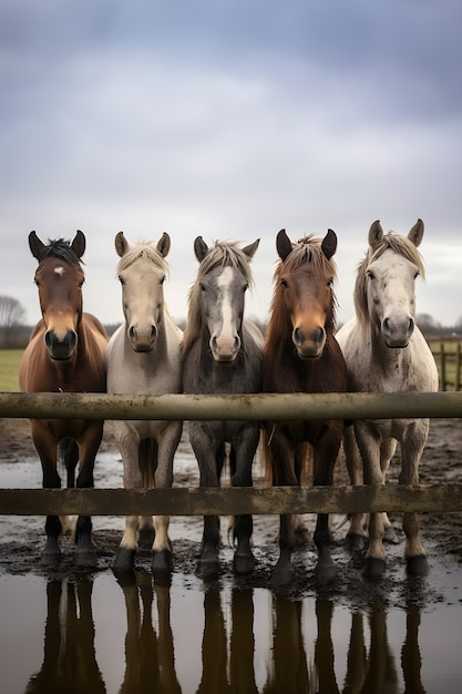 Бесплатное фото Табун лошадей за забором