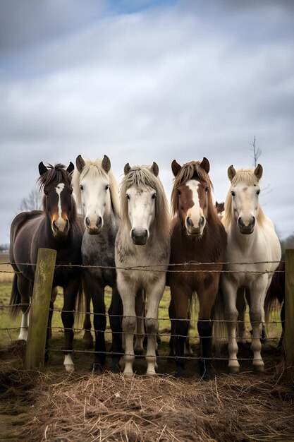 柵の後ろの馬の群れ