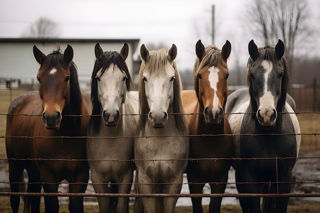 柵の後ろの馬の群れ