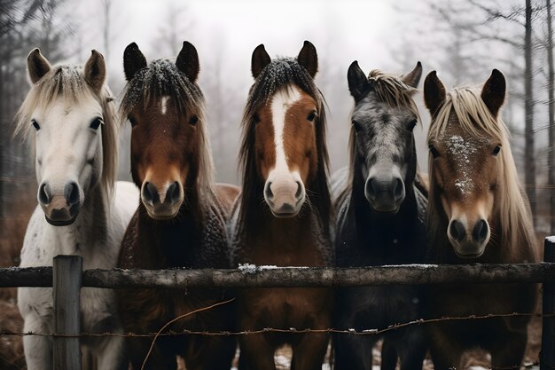 柵の後ろの馬の群れ