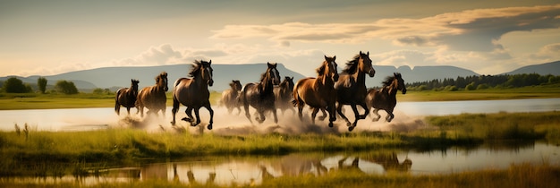 Horse herd running trough water 