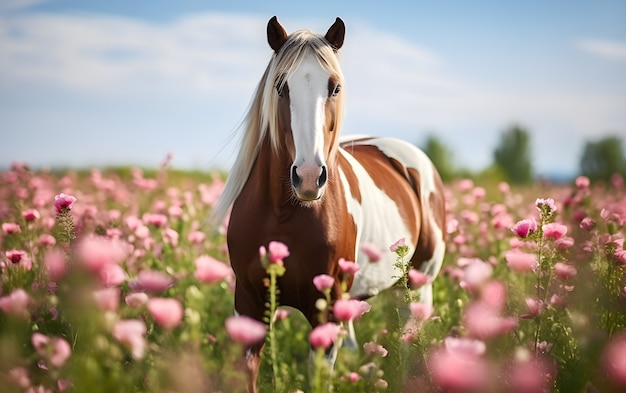 Бесплатное фото horse in flowery  pasture