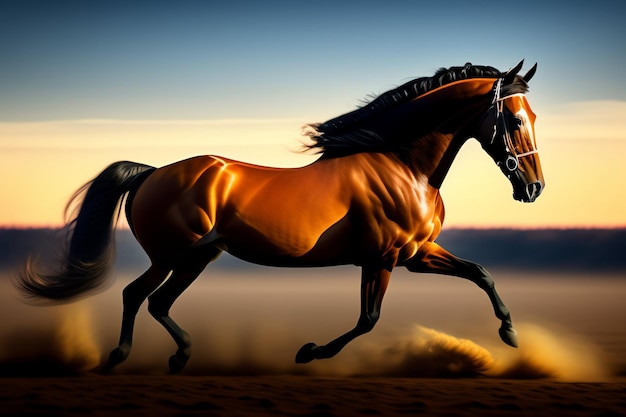 Free photo a horse is running in the desert with a sunset in the background.